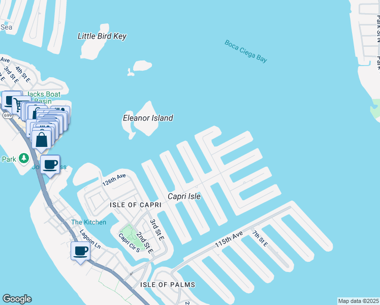 map of restaurants, bars, coffee shops, grocery stores, and more near 12425 6th Street East in Treasure Island