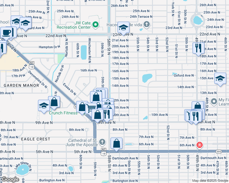 map of restaurants, bars, coffee shops, grocery stores, and more near 5729 13th Avenue North in St. Petersburg