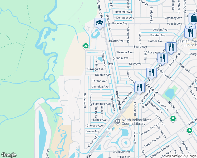 map of restaurants, bars, coffee shops, grocery stores, and more near 952 Tarpon Avenue in Sebastian