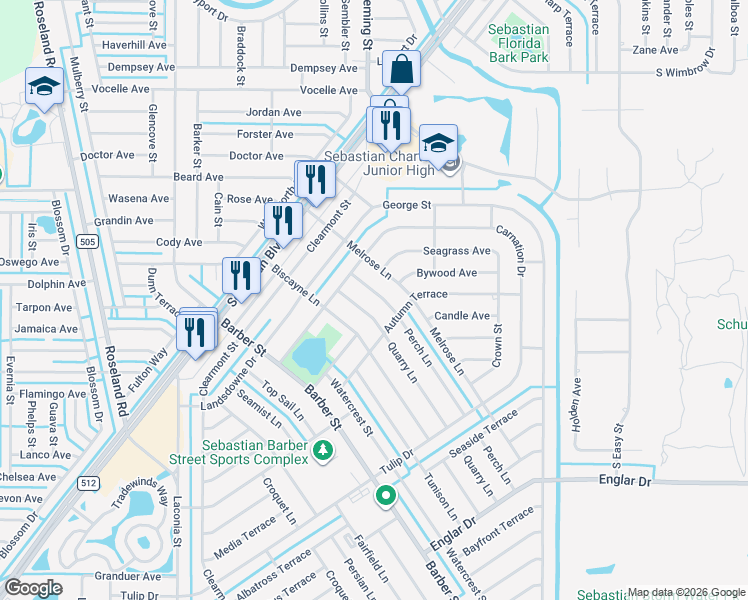map of restaurants, bars, coffee shops, grocery stores, and more near 522 Perch Lane in Sebastian
