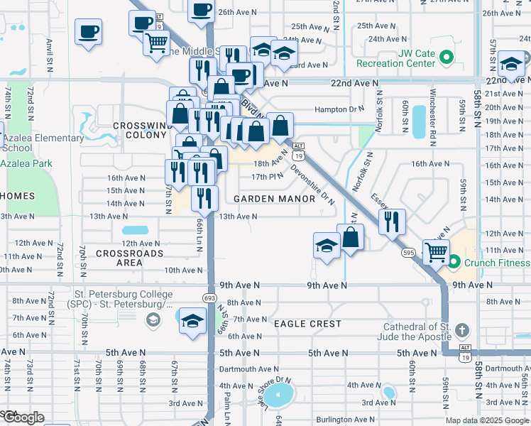 map of restaurants, bars, coffee shops, grocery stores, and more near 6415 13th Avenue North in St. Petersburg