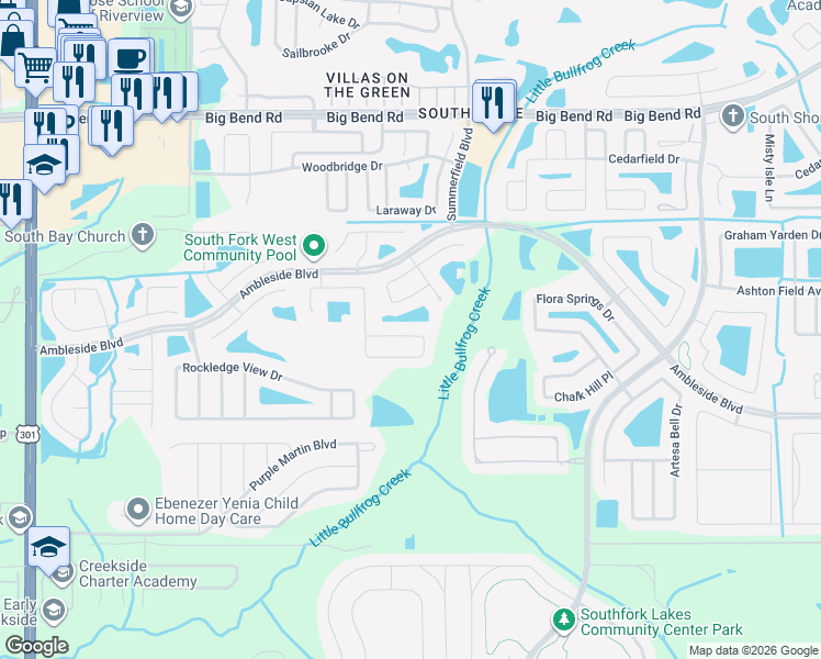 map of restaurants, bars, coffee shops, grocery stores, and more near 11161 Golden Silence Drive in Riverview