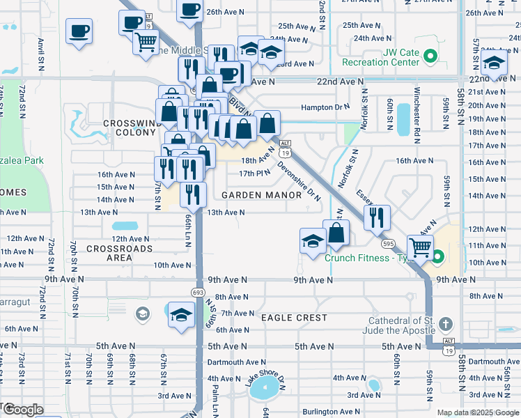 map of restaurants, bars, coffee shops, grocery stores, and more near 6415 13th Avenue North in St. Petersburg