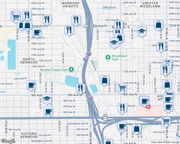 map of restaurants, bars, coffee shops, grocery stores, and more near 2000 13th Avenue North in Saint Petersburg