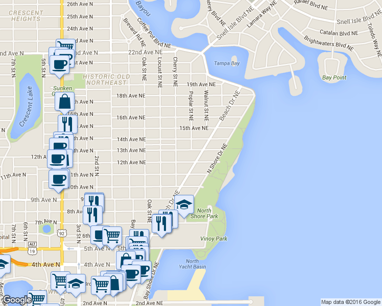 map of restaurants, bars, coffee shops, grocery stores, and more near 576 13th Avenue Northeast in St. Petersburg