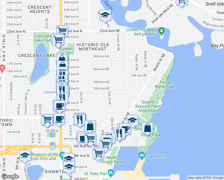 map of restaurants, bars, coffee shops, grocery stores, and more near 360 13th Avenue Northeast in St. Petersburg