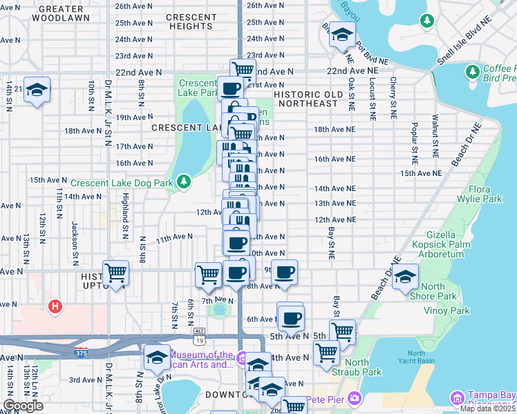 map of restaurants, bars, coffee shops, grocery stores, and more near 316 13th Avenue North in St. Petersburg