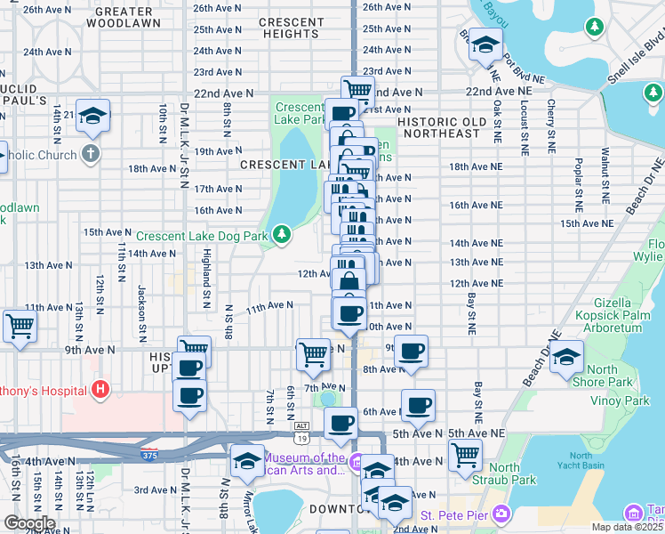 map of restaurants, bars, coffee shops, grocery stores, and more near 445 12th Avenue North in St. Petersburg