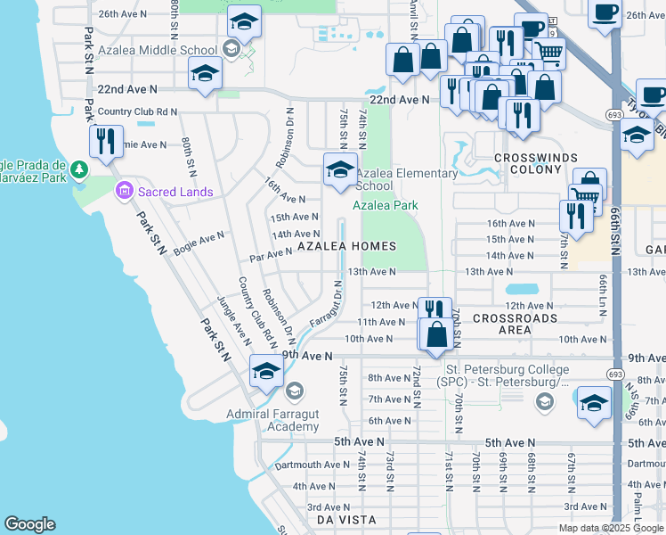 map of restaurants, bars, coffee shops, grocery stores, and more near 1243 Farragut Drive North in St. Petersburg