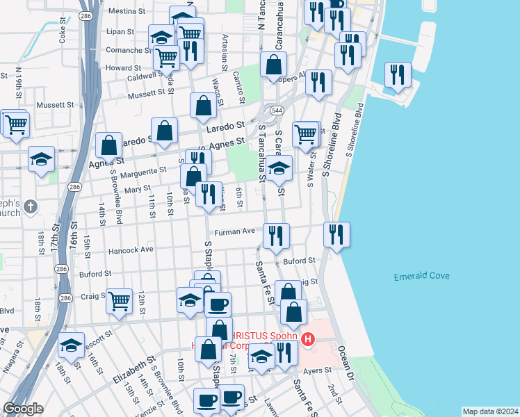 map of restaurants, bars, coffee shops, grocery stores, and more near 715 Coleman Avenue in Corpus Christi
