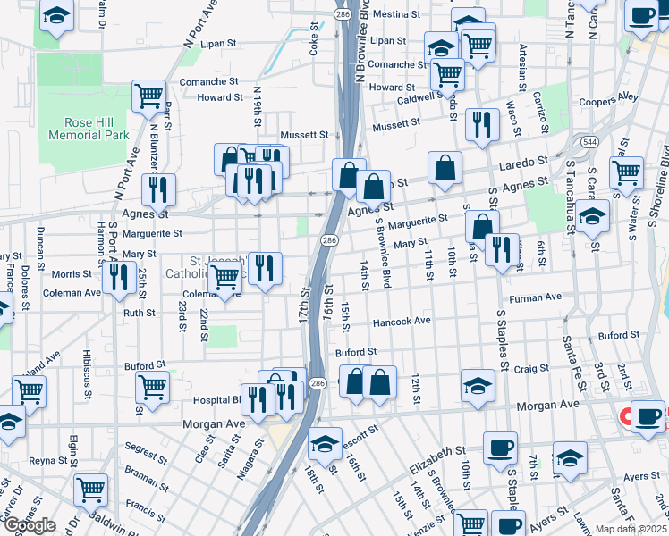 map of restaurants, bars, coffee shops, grocery stores, and more near 650 16th Street in Corpus Christi
