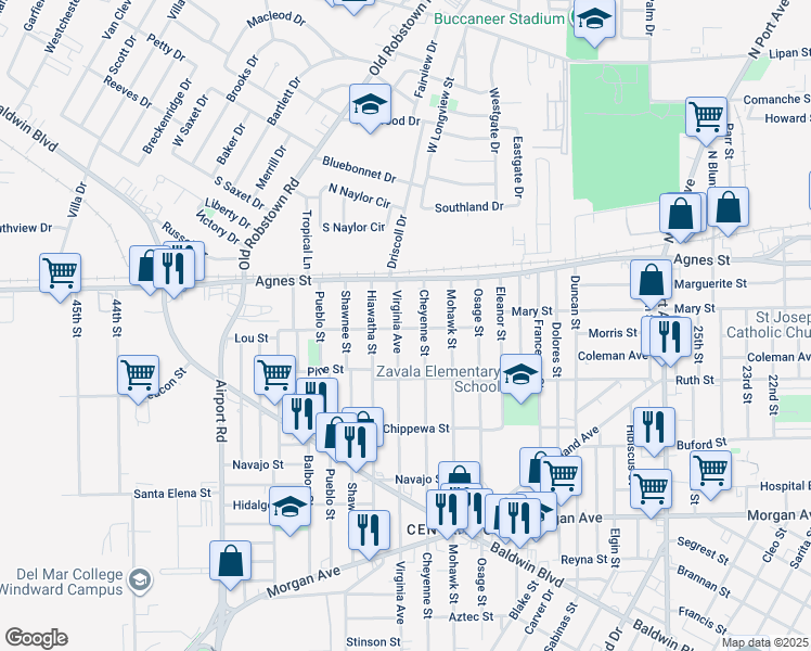 map of restaurants, bars, coffee shops, grocery stores, and more near 202 Virginia Avenue in Corpus Christi