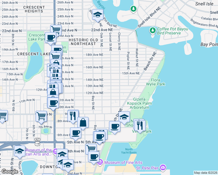 map of restaurants, bars, coffee shops, grocery stores, and more near 360 13th Avenue Northeast in St. Petersburg