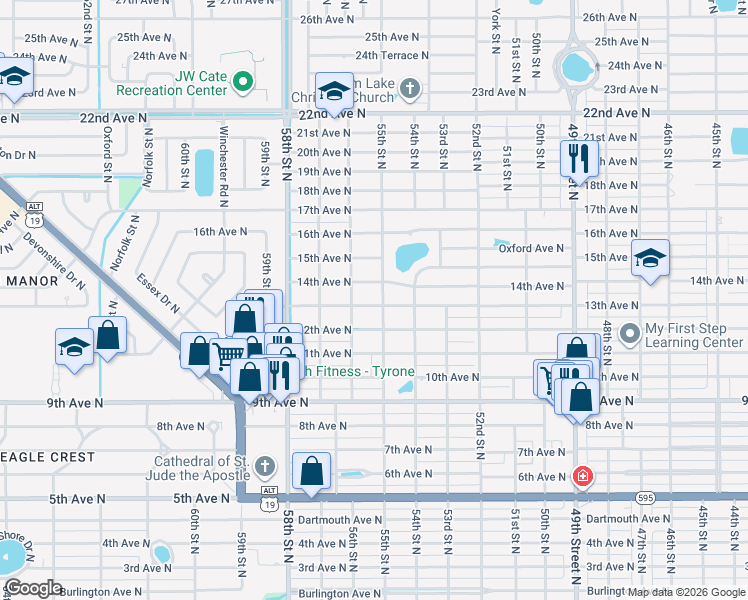 map of restaurants, bars, coffee shops, grocery stores, and more near 5511 13th Avenue North in St. Petersburg