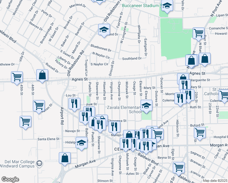 map of restaurants, bars, coffee shops, grocery stores, and more near 202 Virginia Avenue in Corpus Christi