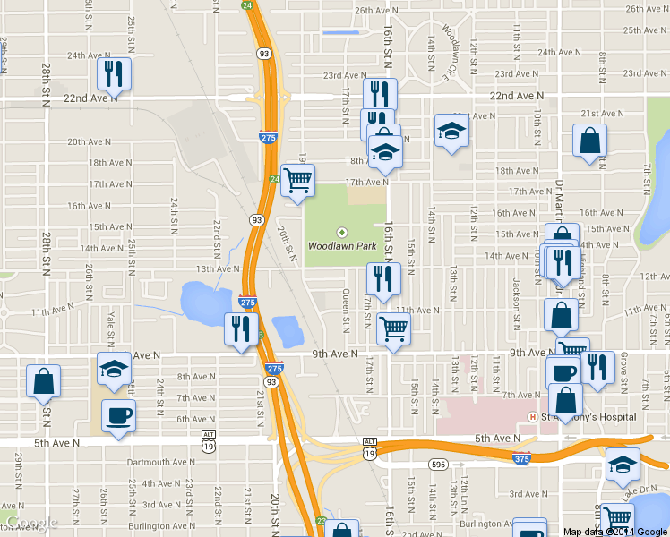 map of restaurants, bars, coffee shops, grocery stores, and more near 1750 13th Avenue North in St. Petersburg