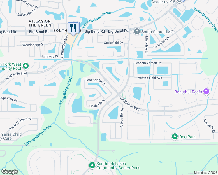 map of restaurants, bars, coffee shops, grocery stores, and more near 11233 Flora Springs Drive in Riverview