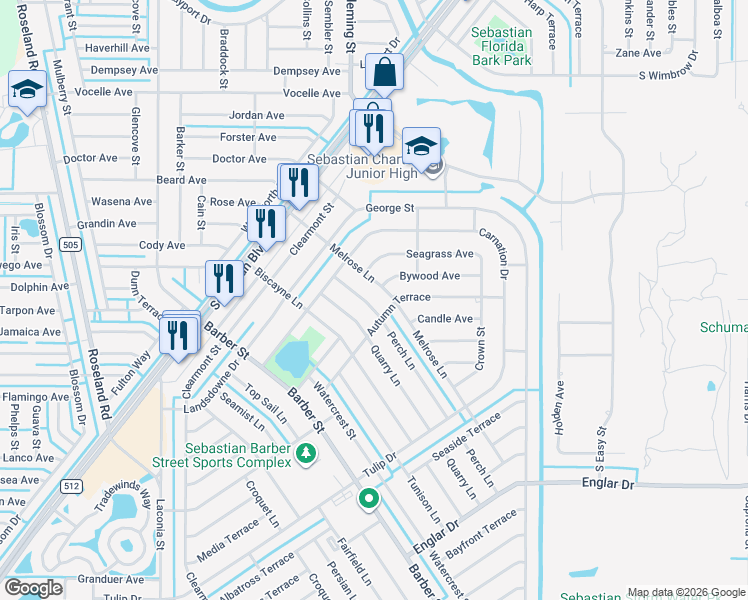 map of restaurants, bars, coffee shops, grocery stores, and more near 522 Perch Lane in Sebastian