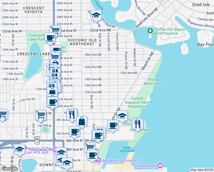 map of restaurants, bars, coffee shops, grocery stores, and more near 360 13th Avenue Northeast in St. Petersburg