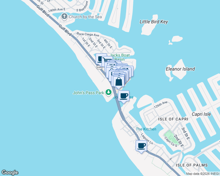 map of restaurants, bars, coffee shops, grocery stores, and more near 406 129th Avenue West in Madeira Beach