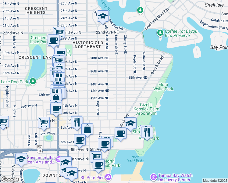 map of restaurants, bars, coffee shops, grocery stores, and more near 360 13th Avenue Northeast in St. Petersburg