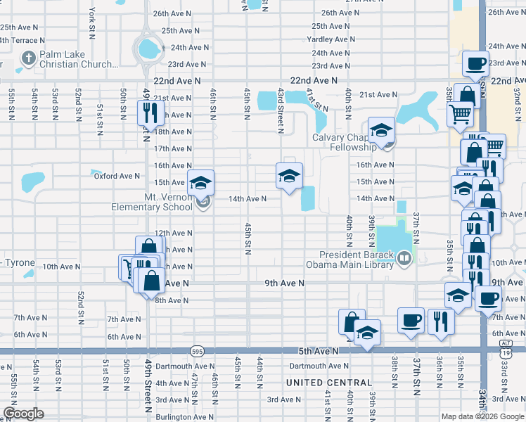 map of restaurants, bars, coffee shops, grocery stores, and more near 1235 45th Street North in St. Petersburg
