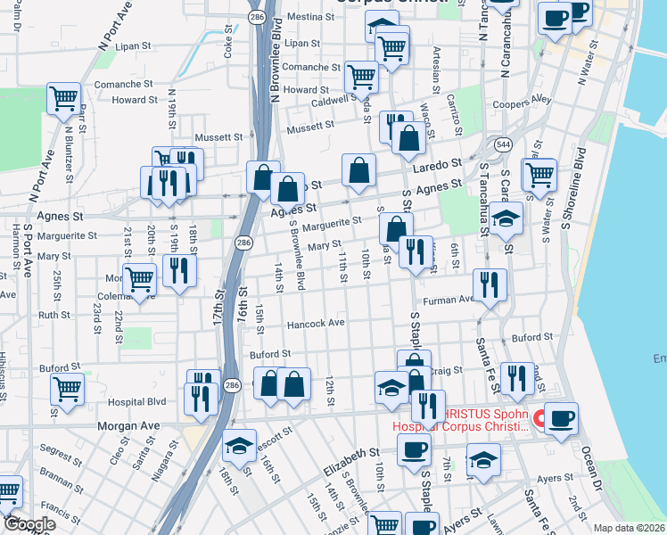 map of restaurants, bars, coffee shops, grocery stores, and more near 709 11th Street in Corpus Christi