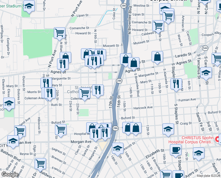 map of restaurants, bars, coffee shops, grocery stores, and more near 623 17th Street in Corpus Christi