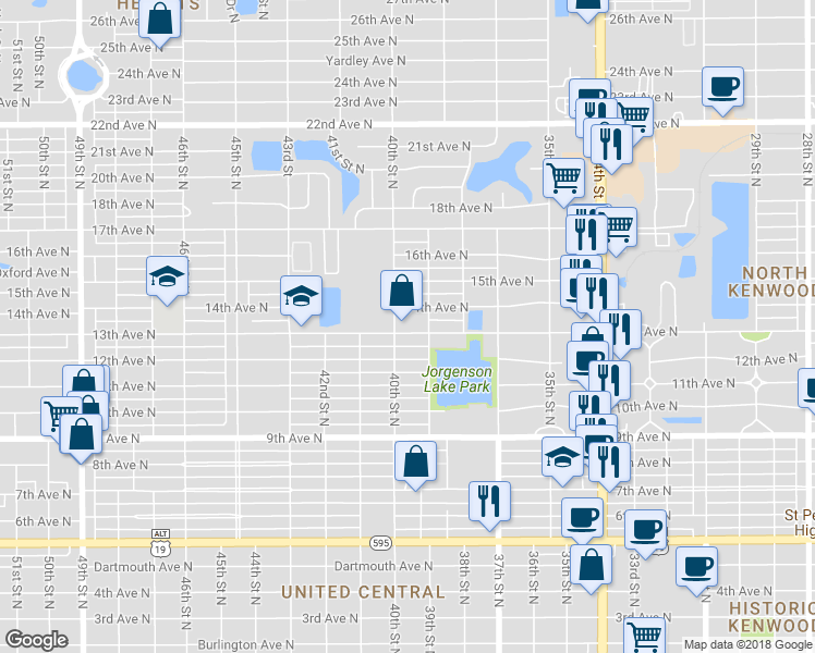 map of restaurants, bars, coffee shops, grocery stores, and more near 3939 13th Avenue North in Saint Petersburg