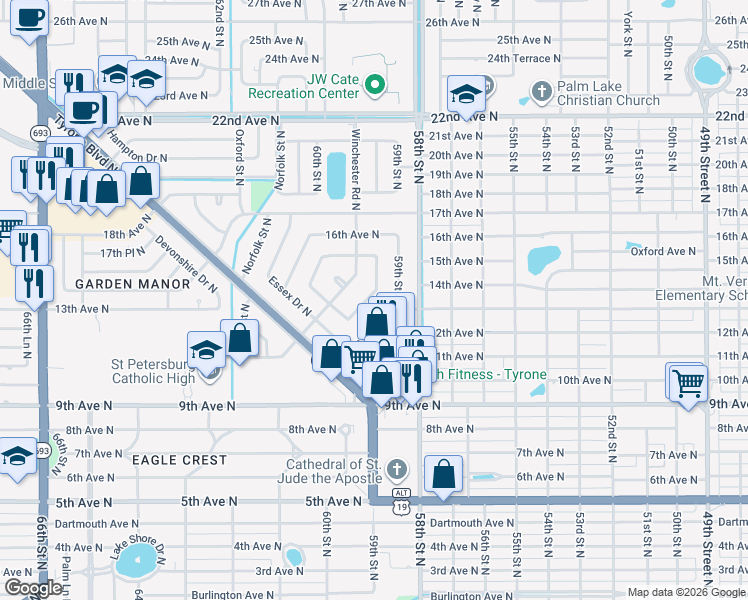 map of restaurants, bars, coffee shops, grocery stores, and more near 1357 Canterbury Road North in St. Petersburg