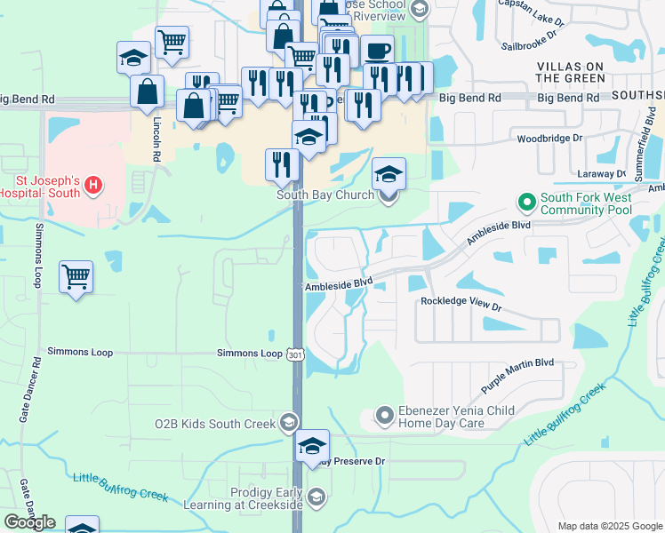map of restaurants, bars, coffee shops, grocery stores, and more near 10552 Opus Drive in Riverview