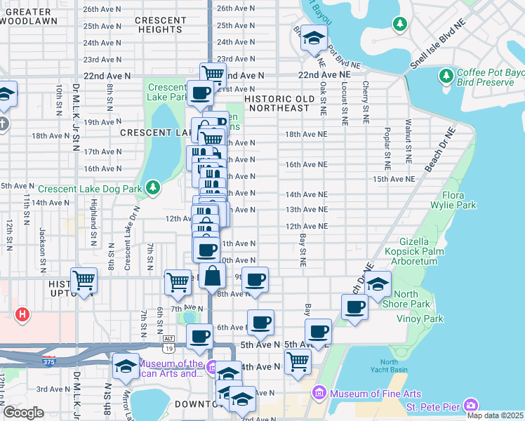 map of restaurants, bars, coffee shops, grocery stores, and more near 140 13th Avenue North in St. Petersburg
