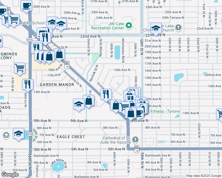 map of restaurants, bars, coffee shops, grocery stores, and more near 1256 Essex Drive North in St. Petersburg