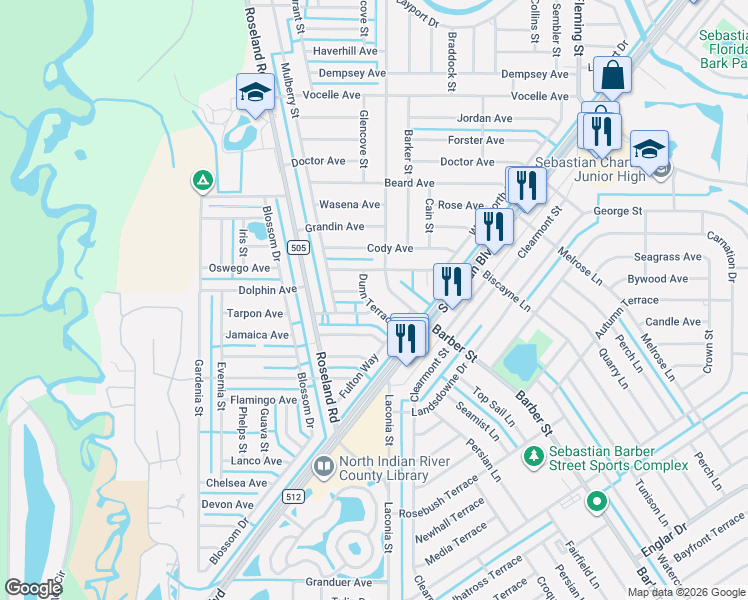 map of restaurants, bars, coffee shops, grocery stores, and more near 832 Tarpon Avenue in Sebastian