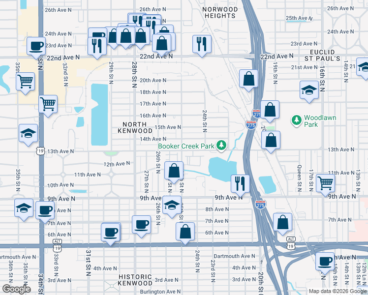 map of restaurants, bars, coffee shops, grocery stores, and more near 2486 13th Avenue North in St. Petersburg