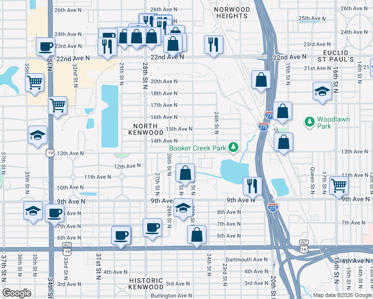map of restaurants, bars, coffee shops, grocery stores, and more near 2526 13th Avenue North in St. Petersburg