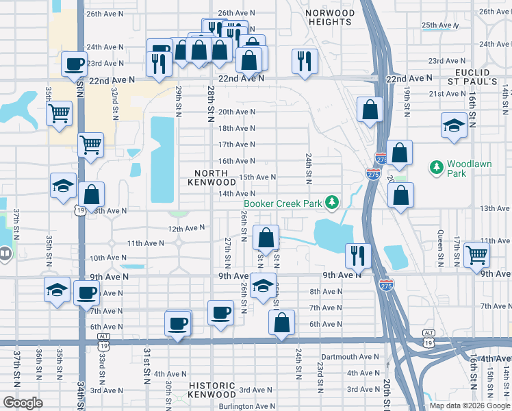 map of restaurants, bars, coffee shops, grocery stores, and more near 2526 13th Avenue North in St. Petersburg