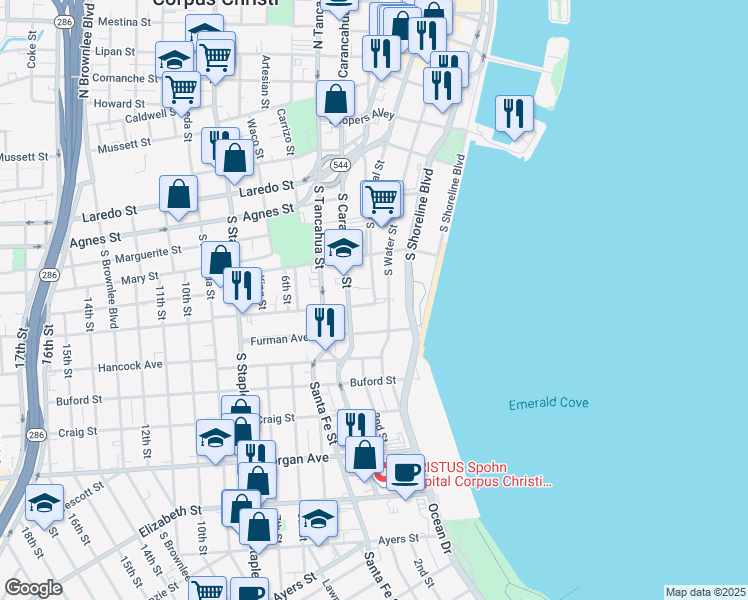 map of restaurants, bars, coffee shops, grocery stores, and more near 805 South Water Street in Corpus Christi