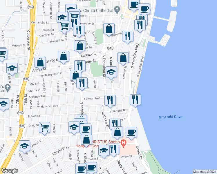 map of restaurants, bars, coffee shops, grocery stores, and more near 715 Coleman Avenue in Corpus Christi