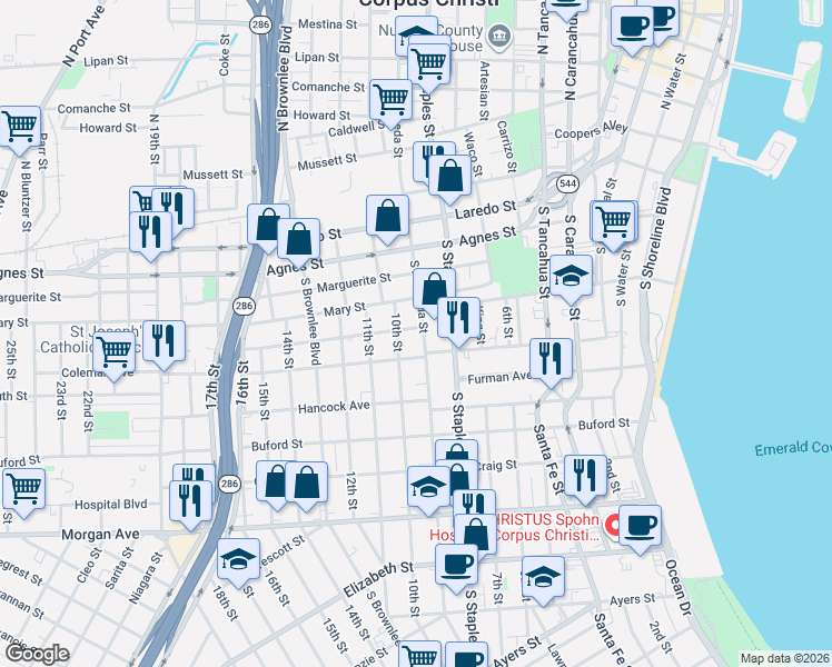 map of restaurants, bars, coffee shops, grocery stores, and more near 718 10th Street in Corpus Christi