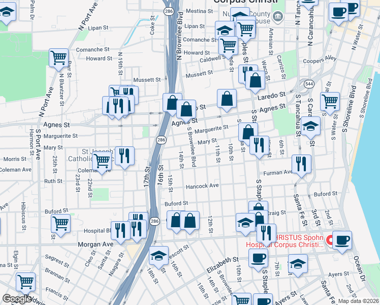 map of restaurants, bars, coffee shops, grocery stores, and more near 702 South Brownlee Boulevard in Corpus Christi