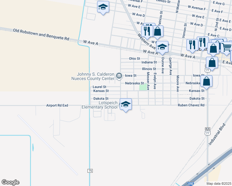 map of restaurants, bars, coffee shops, grocery stores, and more near 1219 Dakota Street in Robstown