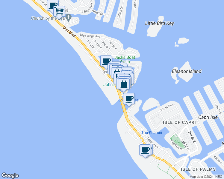 map of restaurants, bars, coffee shops, grocery stores, and more near 12924 Gulf Boulevard in Madeira Beach