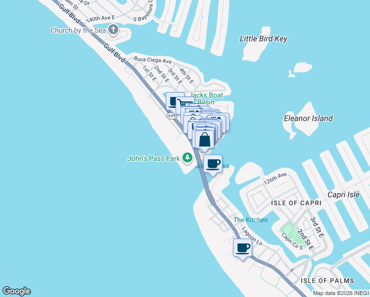 map of restaurants, bars, coffee shops, grocery stores, and more near 406 129th Avenue West in Madeira Beach