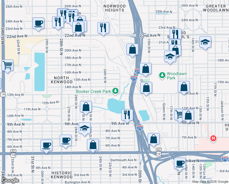 map of restaurants, bars, coffee shops, grocery stores, and more near 2235 13th Avenue North in St. Petersburg