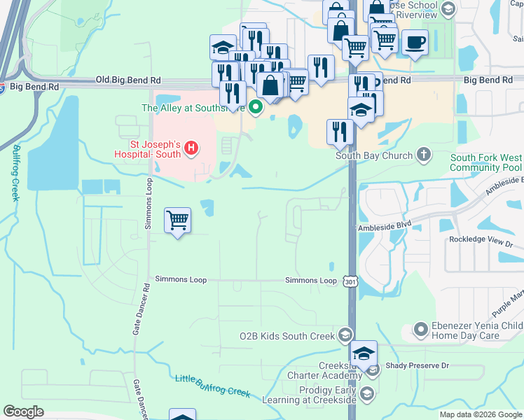 map of restaurants, bars, coffee shops, grocery stores, and more near 6637 Simmons Loop in Riverview