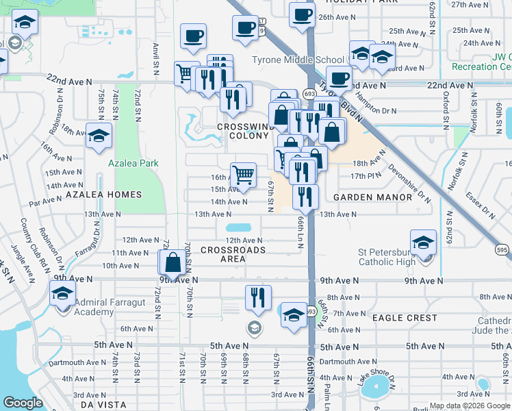 map of restaurants, bars, coffee shops, grocery stores, and more near 6761 13th Avenue North in St. Petersburg