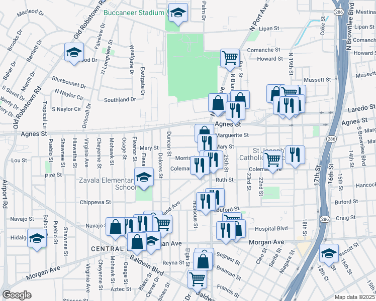 map of restaurants, bars, coffee shops, grocery stores, and more near 2842 Morris Street in Corpus Christi