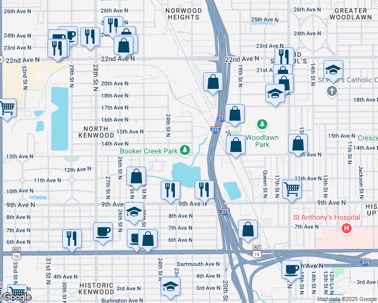 map of restaurants, bars, coffee shops, grocery stores, and more near 2300 13th Avenue North in St. Petersburg