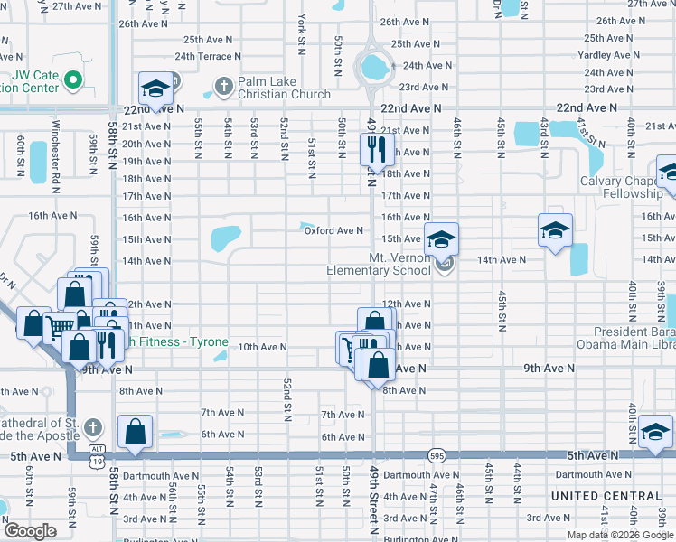 map of restaurants, bars, coffee shops, grocery stores, and more near 4943 13th Avenue North in St. Petersburg